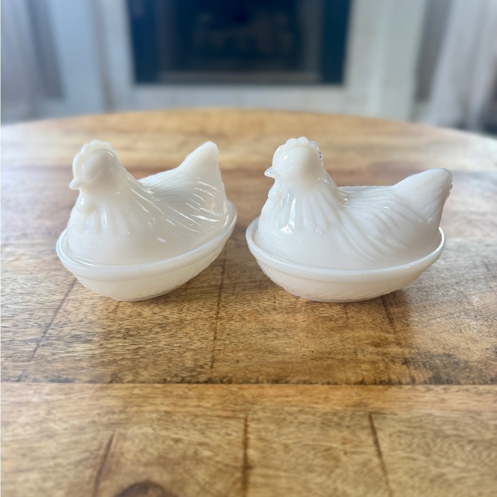 SOLD Vintage Milk Glass Hen on Nest - Set of 2 - Picture 1 of 6